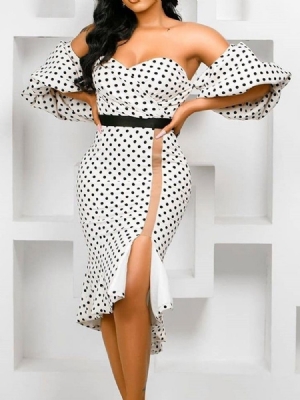 Vestido Feminino De Manga Três Quartos Assimétrico Com Bolinhas Médias Assimétricas Bodycon