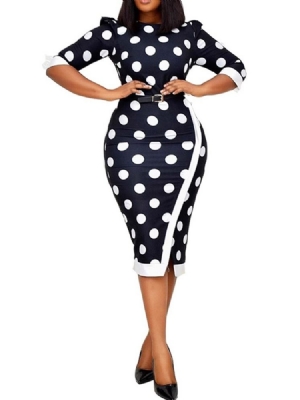 Vestido Feminino De Manga Três Quartos Panturrilha Redonda Bolinhas