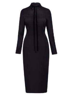Vestido Feminino De Mangas Compridas De Cor Sólida Com Bainha De Renda