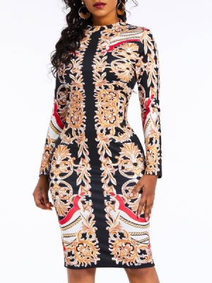 Vestido Feminino Na Altura Do Joelho Com Estampa De Manga Comprida Bodycon Cintura Alta