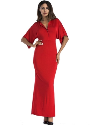 Vestido Feminino Na Altura Do Tornozelo E Meia Manga Com Botão Bodycon