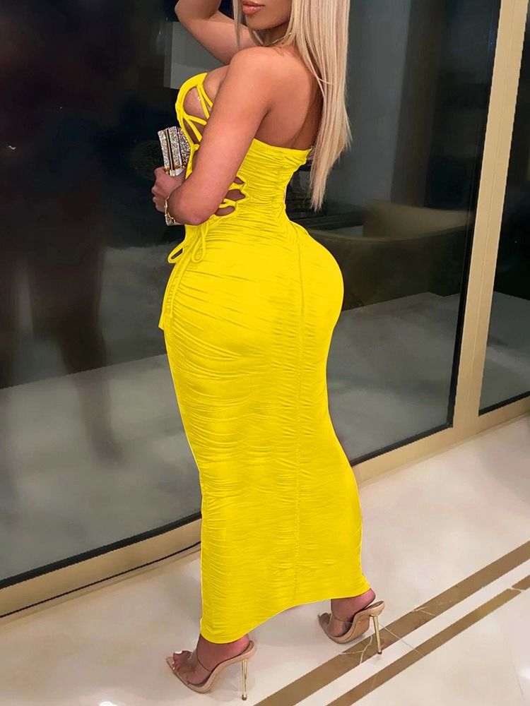 Vestido Feminino Na Altura Do Tornozelo Plissado Sem Mangas Simples Sexy