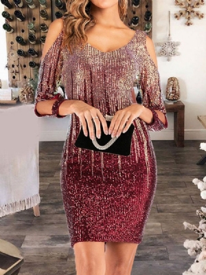 Vestido Feminino Oco Com Decote Em V Manga De Três Quartos Cor Bloco De Vestido Primavera