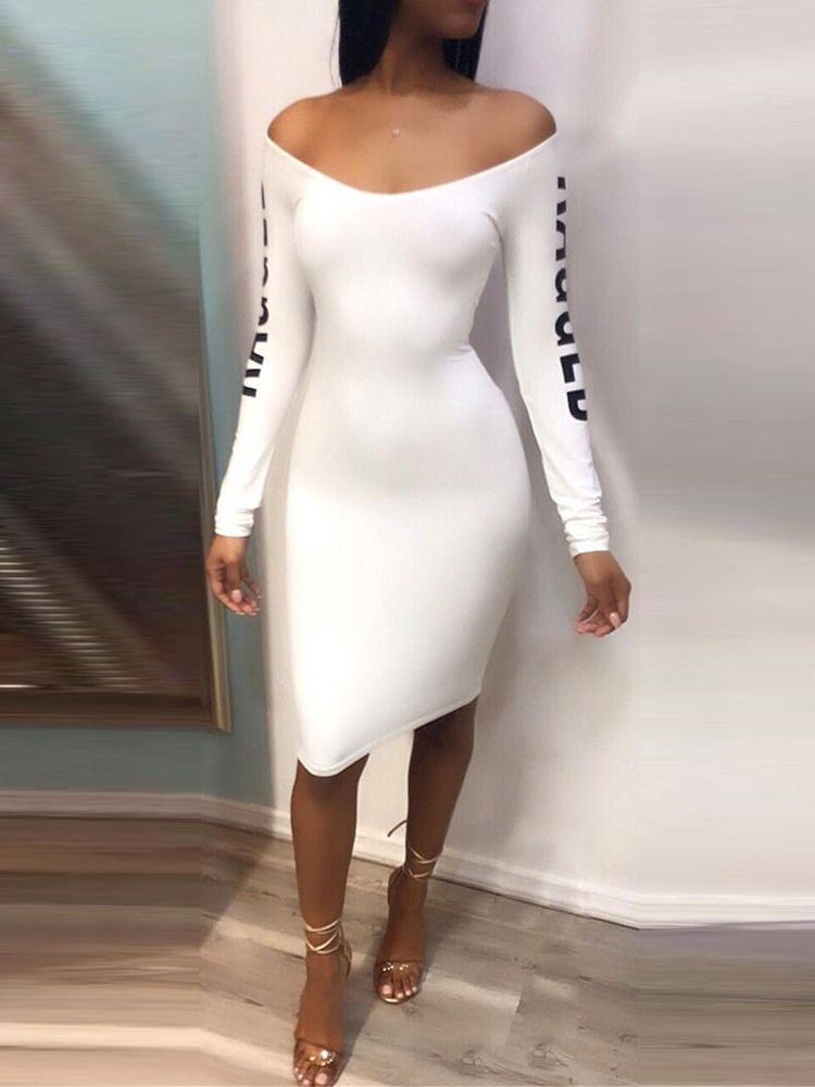 Vestido Feminino Oco De Manga Comprida Sem Ombro Moda Carta