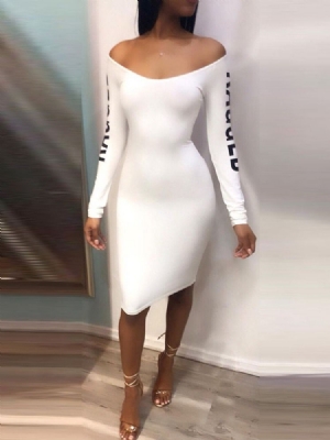 Vestido Feminino Oco De Manga Comprida Sem Ombro Moda Carta