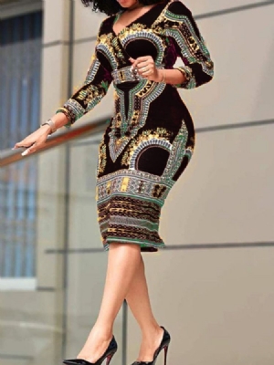 Vestido Feminino Patchwork Decote Em V Manga Três Quartos Cintura Padrão
