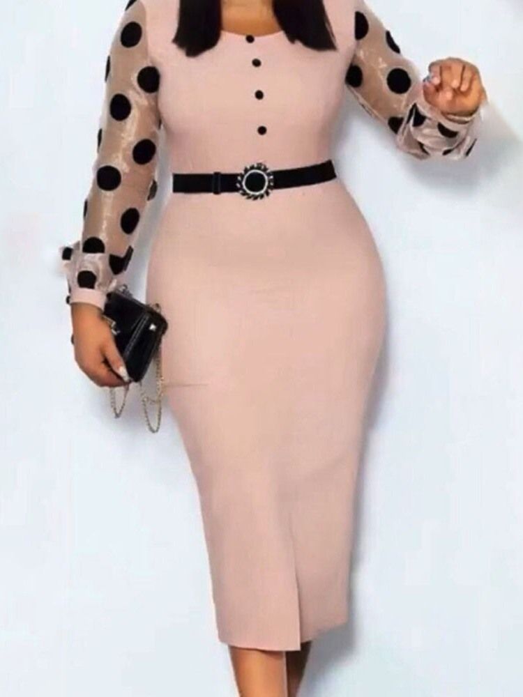 Vestido Feminino De Patchwork Manga Comprida Gola Quadrada Pulôver Às Bolinhas Bodycon