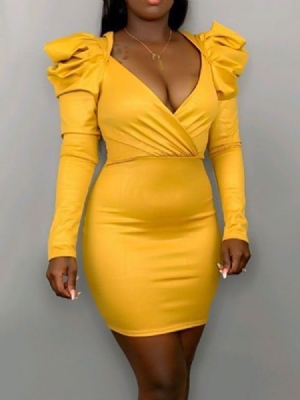 Vestido Feminino Plissado Acima Do Joelho Manga Comprida Cintura Alta Liso