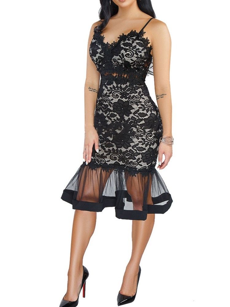 Vestido Feminino De Renda Meia Canela Sem Mangas Sereia De Cintura Alta