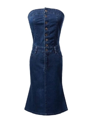 Vestido Feminino Sem Mangas Com Botão Na Altura Do Joelho E Sem Alças Simples