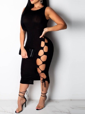 Vestido Feminino Sem Mangas Com Renda Média Na Panturrilha