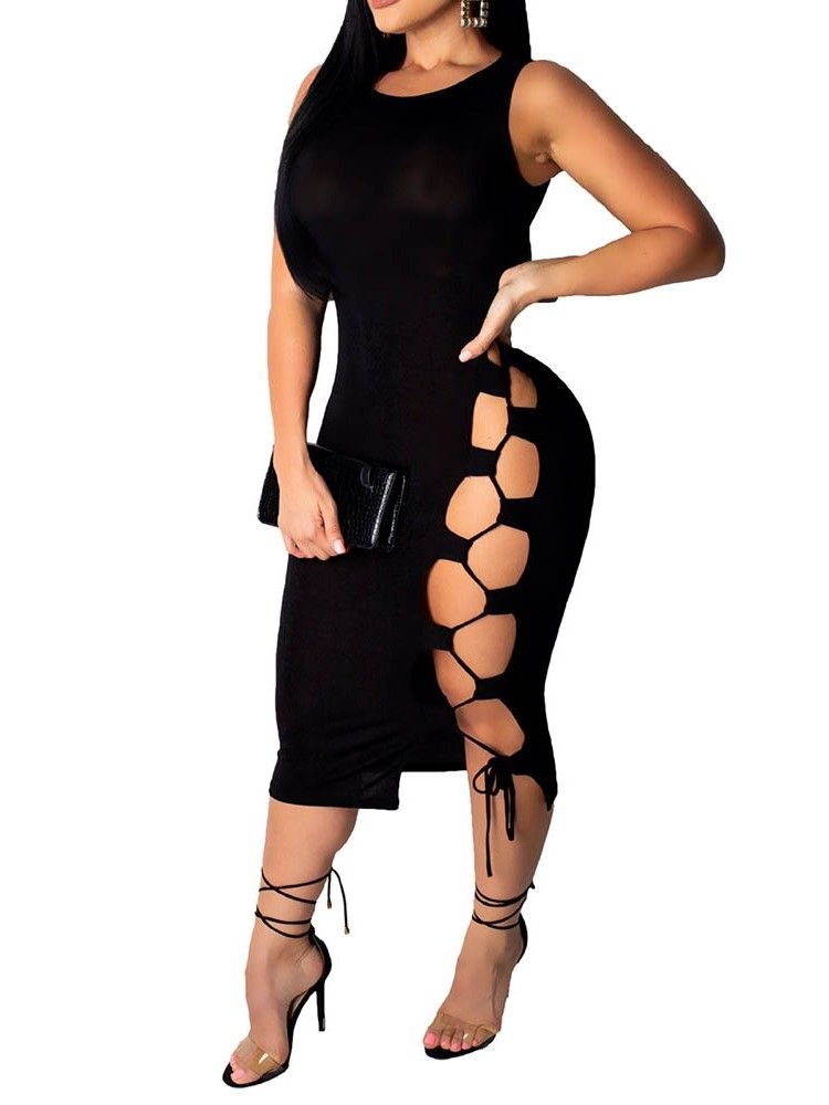 Vestido Feminino Sem Mangas Com Renda Média Na Panturrilha