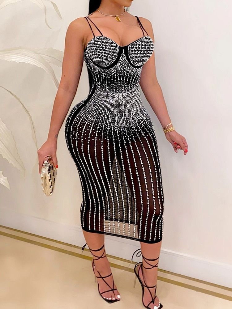 Vestido Feminino Sem Mangas Patchwork Meia Panturrilha Sexy Bodycon