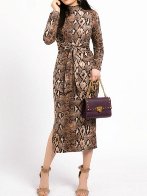Vestido Feminino Serpentine Manga Longa Com Estampa Da Panturrilha Média