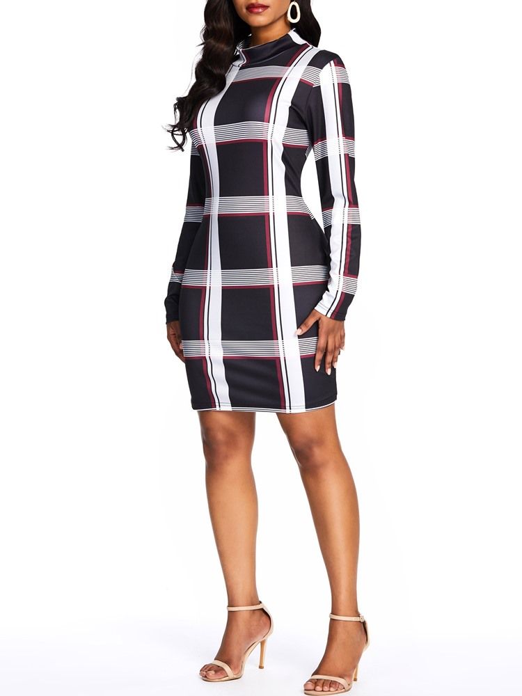 Vestido Feminino Xadrez Em Patchwork De Manga Comprida Acima Do Joelho Na Cintura Padrão