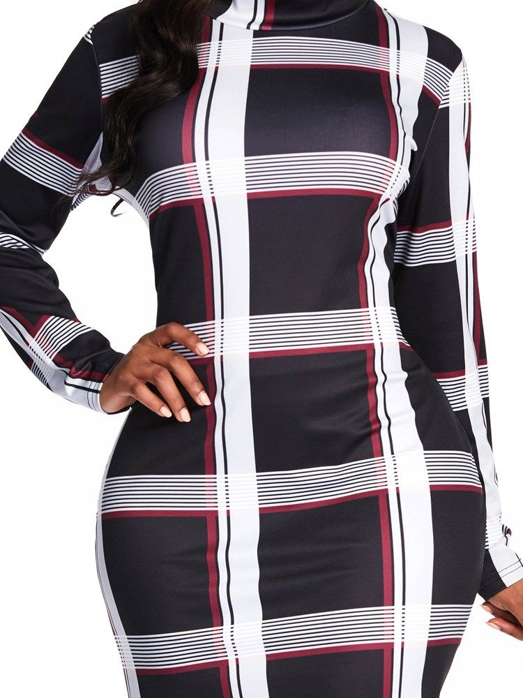 Vestido Feminino Xadrez Em Patchwork De Manga Comprida Acima Do Joelho Na Cintura Padrão