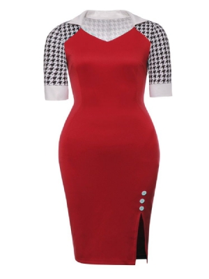 Vestido Feminino Xadrez Meia Manga Cor Bloco Com Fenda Lateral