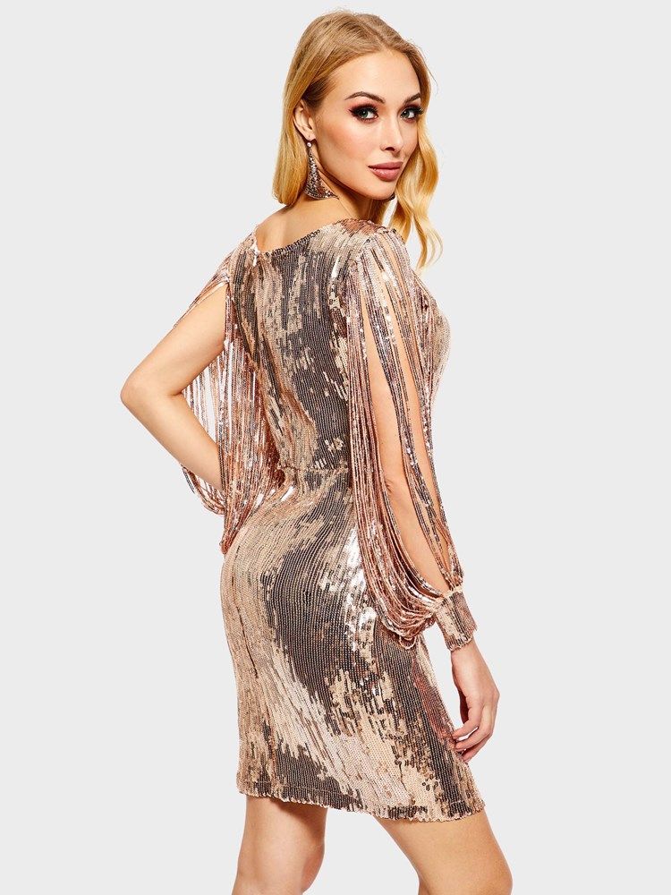 Vestido De Festa Feminino De Lantejoulas Manga Comprida Com Decote Em V Acima Do Joelho