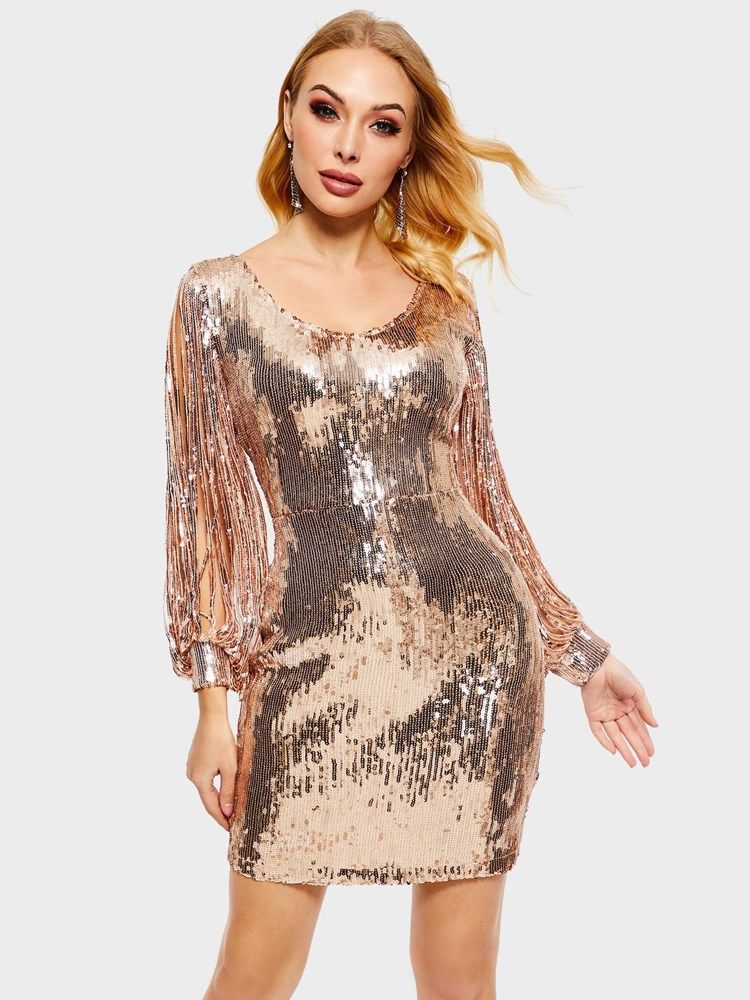 Vestido De Festa Feminino De Lantejoulas Manga Comprida Com Decote Em V Acima Do Joelho