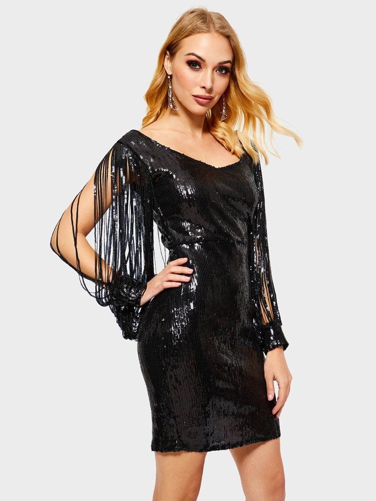 Vestido De Festa Feminino De Lantejoulas Manga Comprida Com Decote Em V Acima Do Joelho