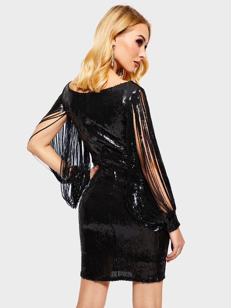Vestido De Festa Feminino De Lantejoulas Manga Comprida Com Decote Em V Acima Do Joelho