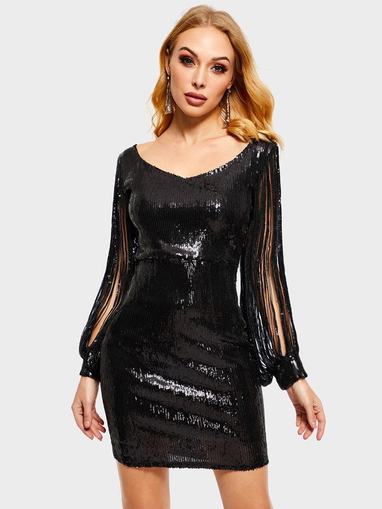 Vestido De Festa Feminino De Lantejoulas Manga Comprida Com Decote Em V Acima Do Joelho
