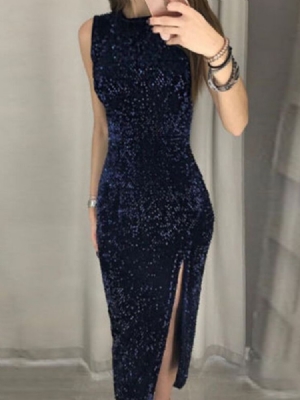 Vestido De Festa Feminino Sem Mangas Com Decote Redondo Dividido