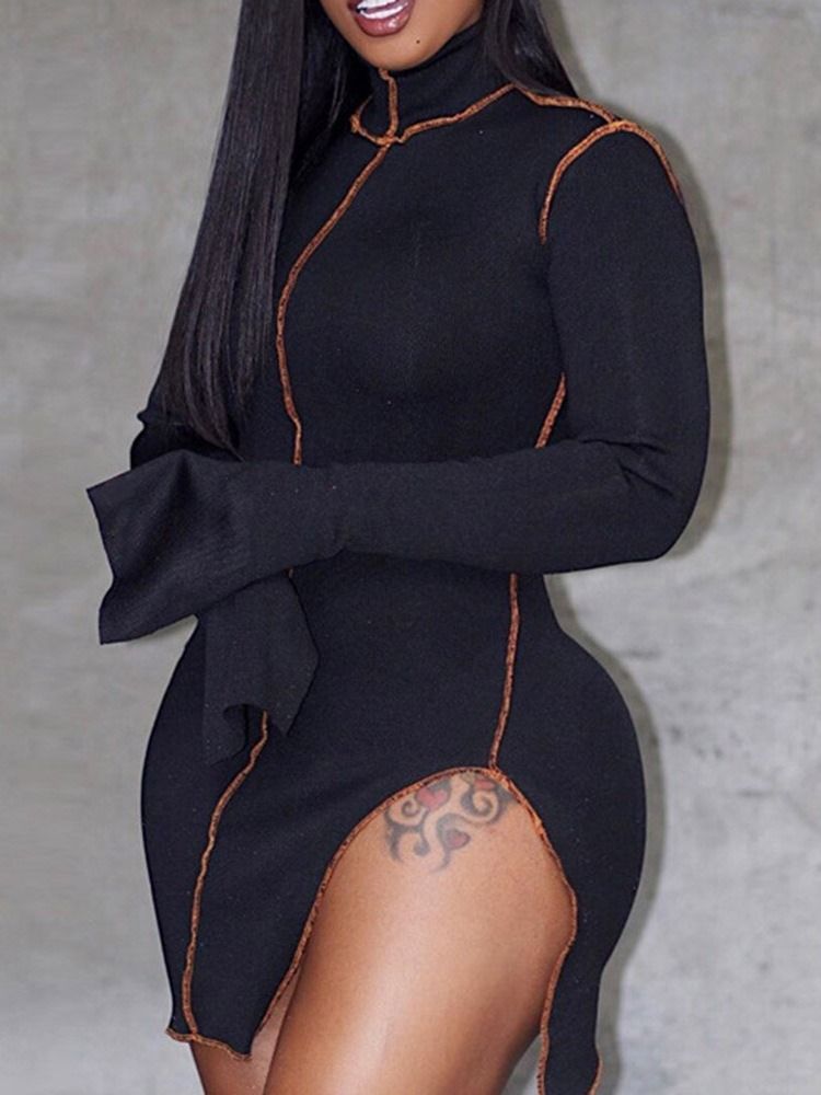 Vestido De Gola Alta Acima Do Joelho De Manga Comprida Ocidental Feminino