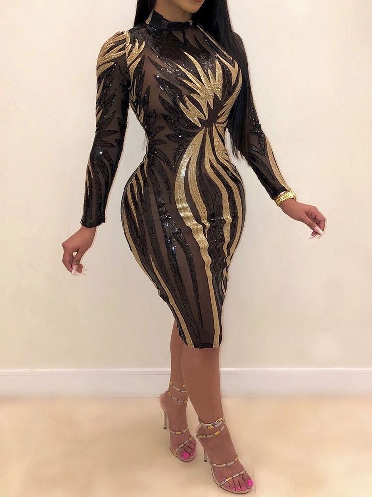 Vestido Longo Feminino Com Gola Transparente Com Manga De Nove Pontos Bodycon Geométrico