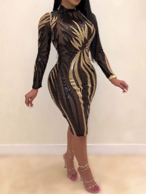 Vestido Longo Feminino Com Gola Transparente Com Manga De Nove Pontos Bodycon Geométrico