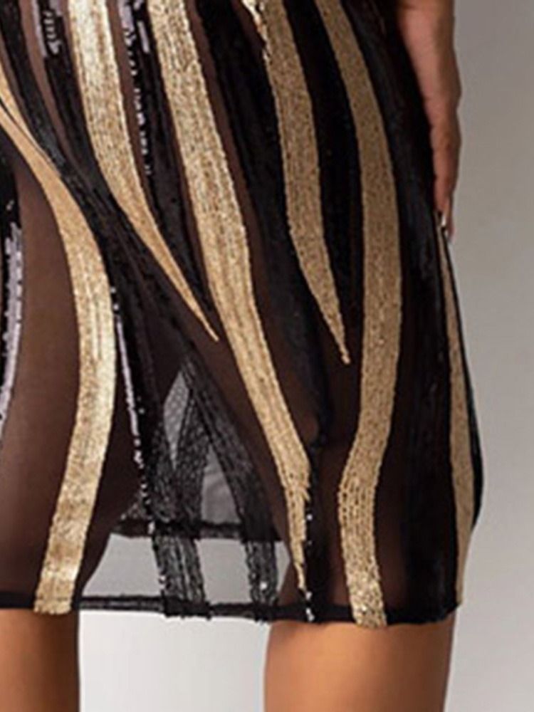 Vestido Longo Feminino Com Gola Transparente Com Manga De Nove Pontos Bodycon Geométrico