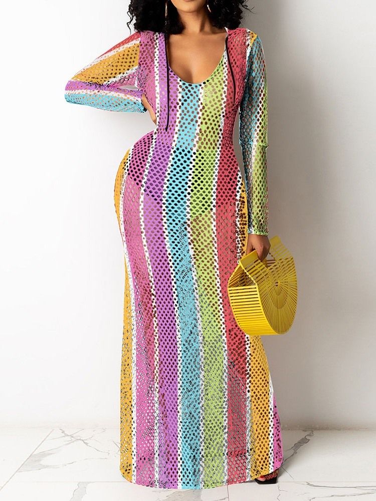 Vestido De Malha Feminino Até O Chão Manga Comprida Bodycon Cintura Média