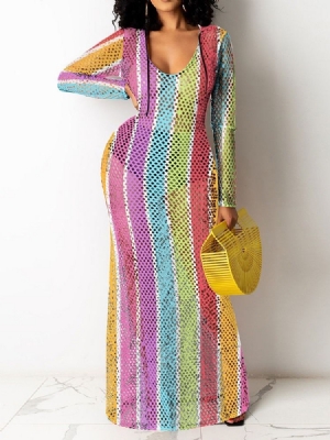 Vestido De Malha Feminino Até O Chão Manga Comprida Bodycon Cintura Média