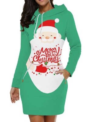 Vestido Normal Feminino Com Capuz De Natal Estampado Acima Do Joelho