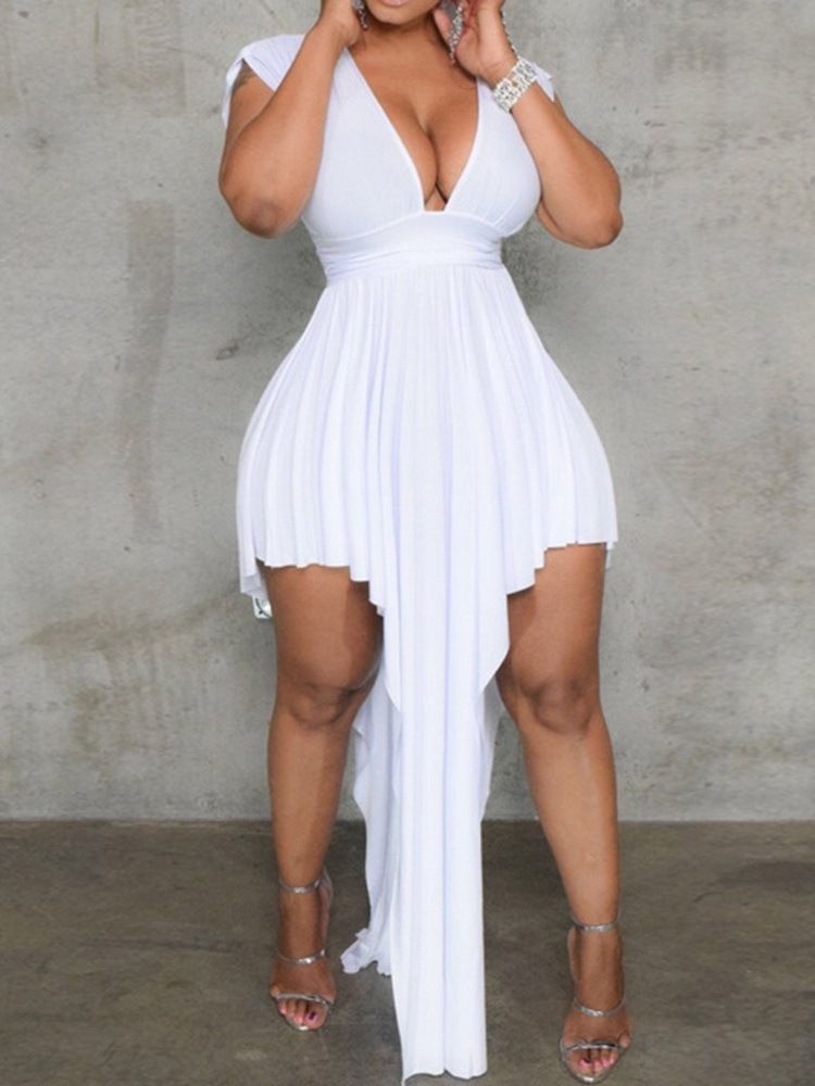 Vestido Normal Feminino De Manga Curta Até O Chão Com Decote Em V