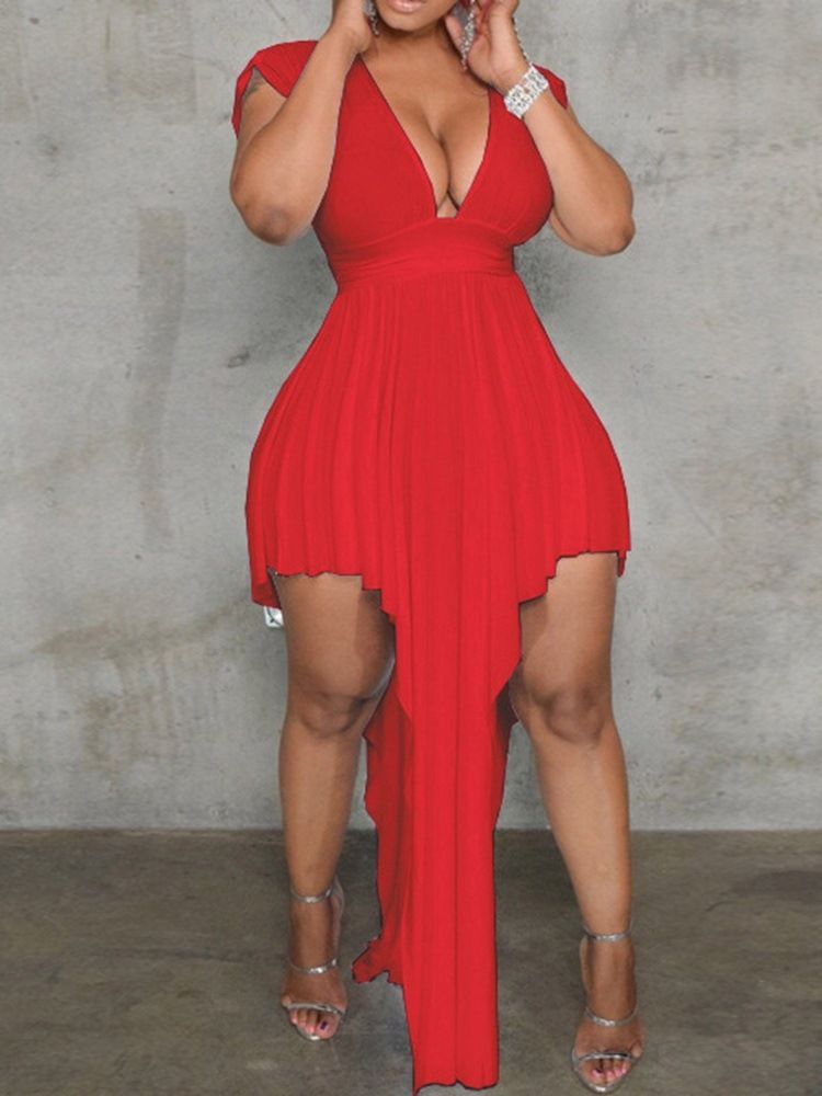 Vestido Normal Feminino De Manga Curta Até O Chão Com Decote Em V