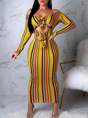 Vestido Normal Feminino De Manga Longa Oca Com Listra Na Altura Do Tornozelo