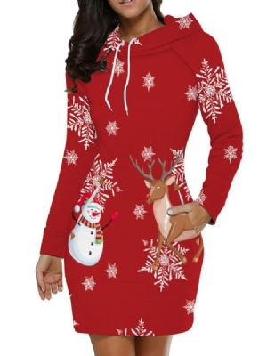 Vestido Normal Feminino De Natal Acima Do Joelho Estampado Com Capuz Na Cintura Média