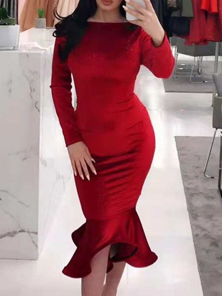 Vestido De Primavera Feminino De Manga Comprida Em Volta Do Pescoço Médio Da Panturrilha