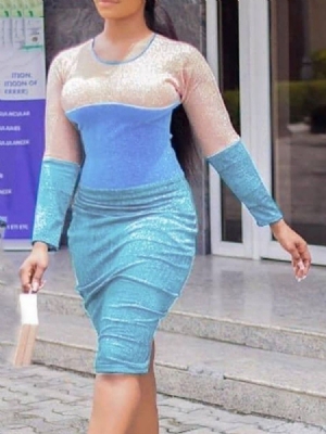 Vestido De Primavera Regular Feminino Com Manga De Nove Pontos Em Volta Do Pescoço Até O Joelho