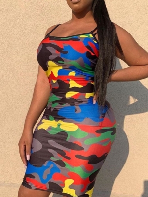 Vestido Sexy Com Camuflagem Feminina Acima Do Joelho Sem Mangas