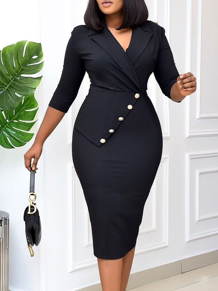 Vestido Simples Feminino Com Botão De Meia Canela E Manga Três Quartos