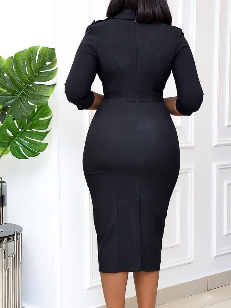 Vestido Simples Feminino Com Botão De Meia Canela E Manga Três Quartos