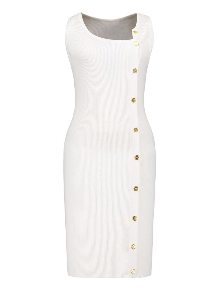 Vestido Suéter Feminino De Gola Oblíqua Com Botão Para Baixo