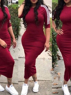 Vestido De Verão Feminino Com Decote Redondo Meia Manga Meia Canela E Cintura Média