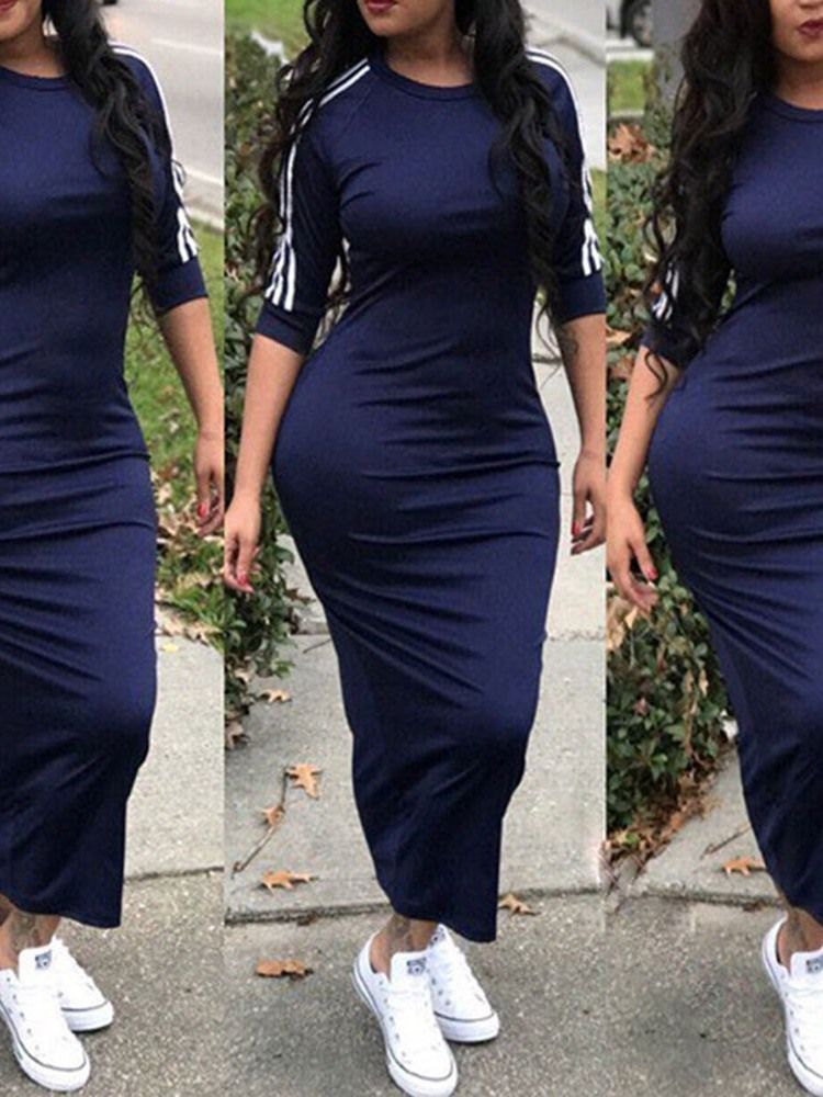 Vestido De Verão Feminino Com Decote Redondo Meia Manga Meia Canela E Cintura Média