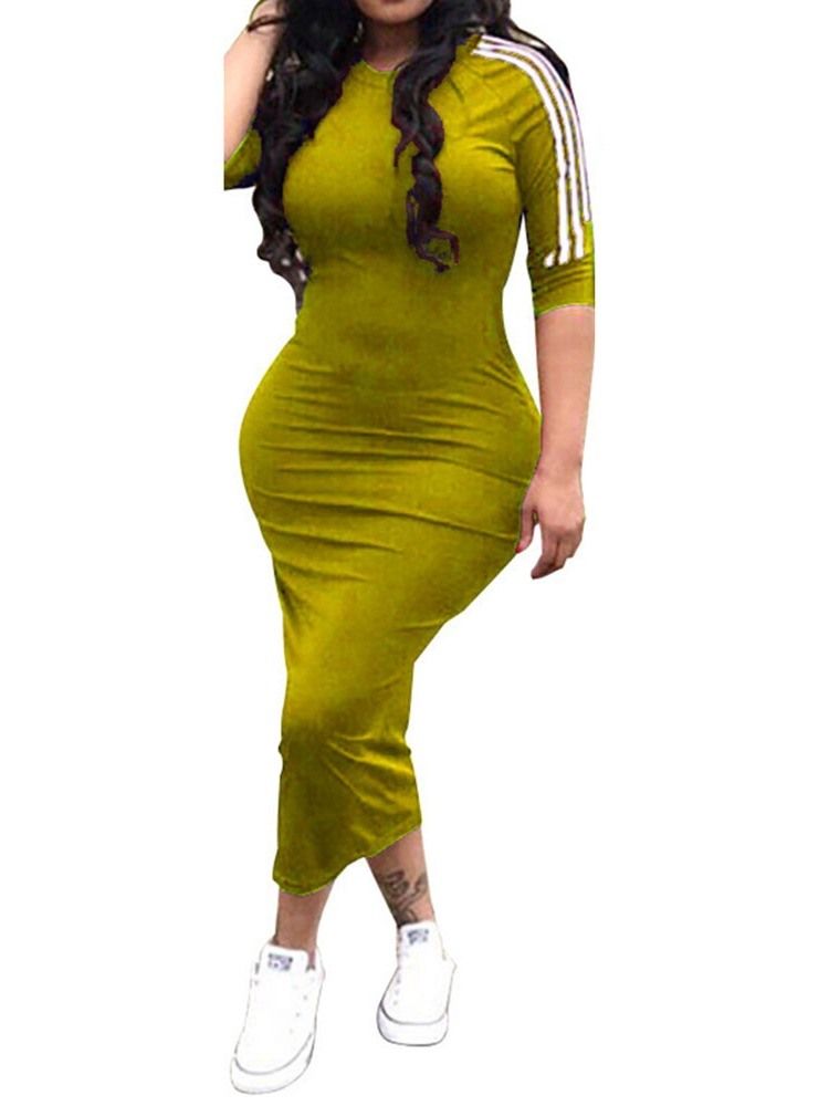 Vestido De Verão Feminino Com Decote Redondo Meia Manga Meia Canela E Cintura Média