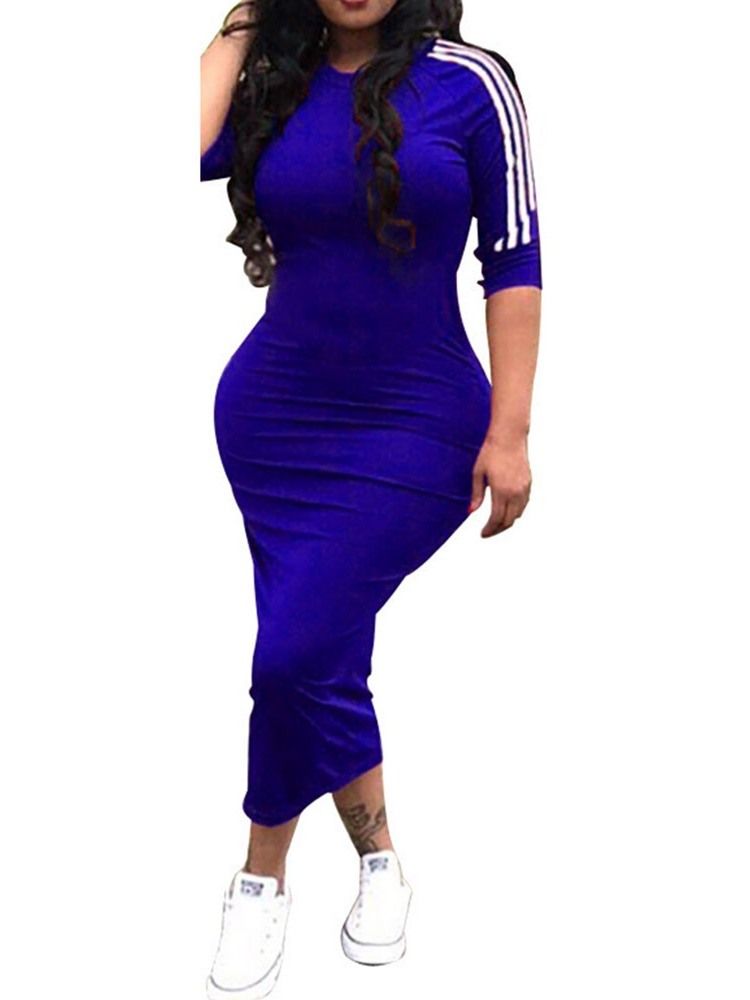 Vestido De Verão Feminino Com Decote Redondo Meia Manga Meia Canela E Cintura Média