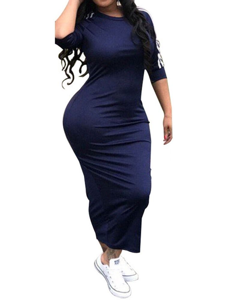 Vestido De Verão Feminino Com Decote Redondo Meia Manga Meia Canela E Cintura Média