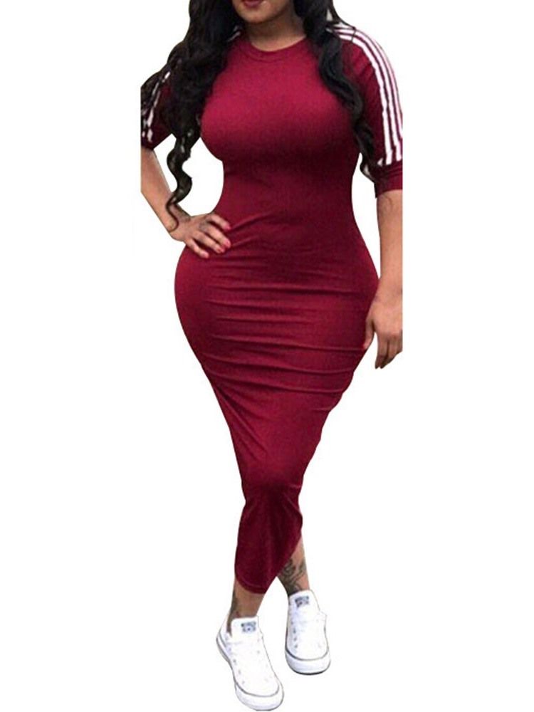Vestido De Verão Feminino Com Decote Redondo Meia Manga Meia Canela E Cintura Média